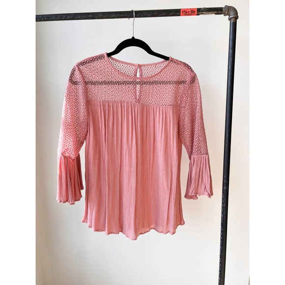 LOFT Women's Pink Lace Yoke Half Bell Hem Sleeve Boho Flowy Blouse size S/M - Picture 3 of 7